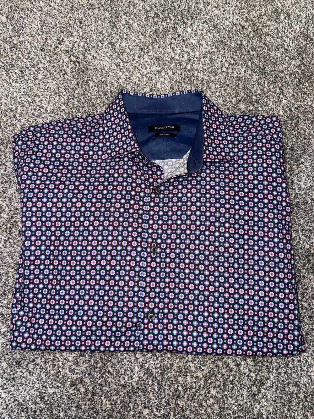 Bugatchi Men’s Large Shaped Fit Geometric Print Button Down Shirt Navy Purple